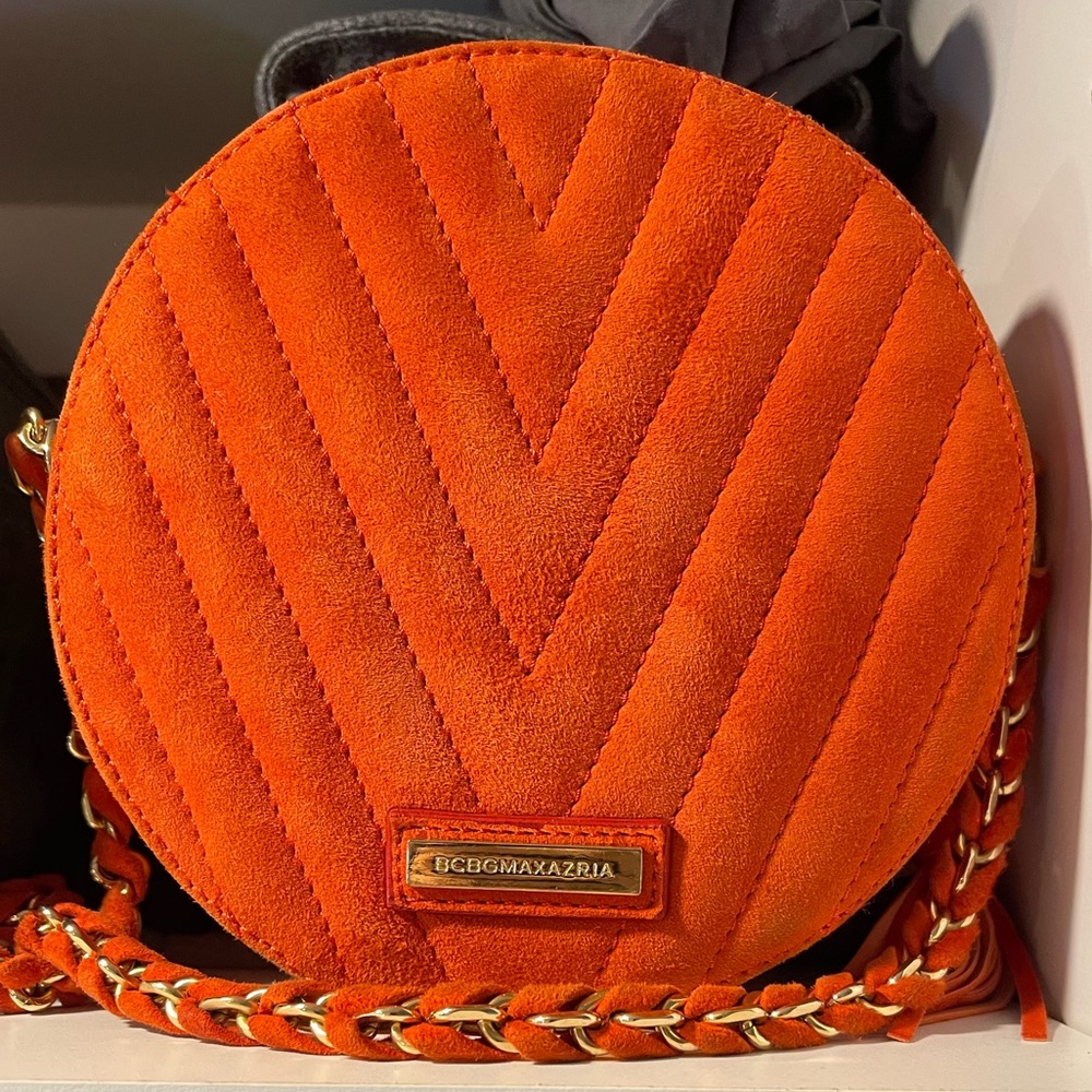 BCBG MaxAzria Orange Faux Suede Quilted Chevron Round Crossbody - Picture 9 of 16
